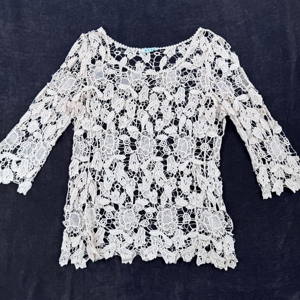 Ruby Cream Floral Crochet Lace Top 3/4 Sleeve Sheer Boho Romantic Ivory Guipure
